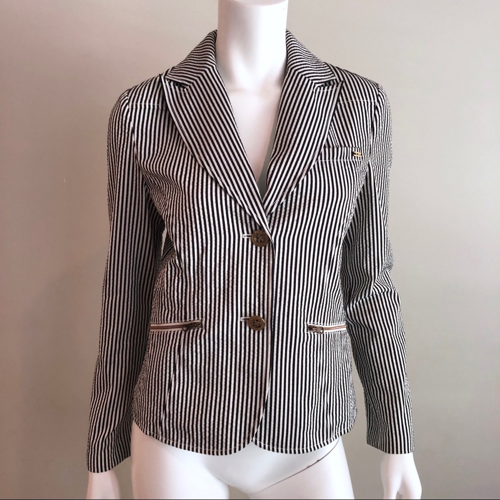 St. John Sport Blazer Pinstripe Navy White Petite
